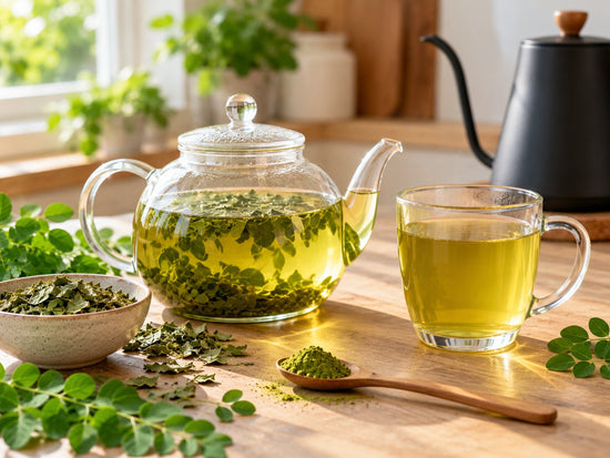 AI-generated: glass teapot steeping loose dried moringa leaves next to a glass mug of pale golden-green moringa tea and a gooseneck kettle