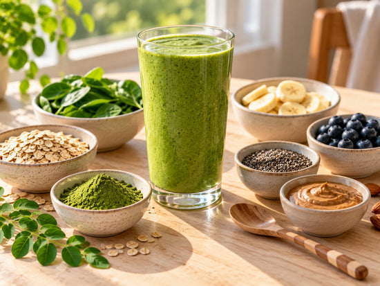 AI-generated: a tall green smoothie surrounded by small bowls of moringa powder, oats, spinach, banana, blueberries, chia seeds and nut butter