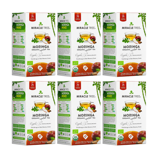 Organic Moringa Tea - Apple & Cinnamon - Caffeine-Free Herbal Tea - Pack of 6 (150 tea bags) - Front of box