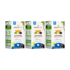 Biologische Moringa Thee - Blauwe Bes - Cafeïnevrij - Set van 3 (75 theezakjes) - Voorkant van de doos