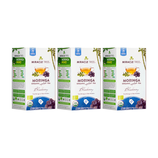 Té de Moringa Orgánico - Arándano - Sin Cafeína - Pack de 3 (75 bolsitas) - Frente de la caja
