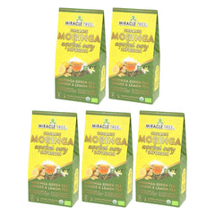 Té de Moringa Energético Orgánico - Jengibre-Limón - Alternativa al Café - Pack de 5 (80 bolsitas) - Frente de la caja