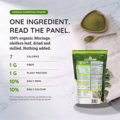 Inside the 16oz pouch: fine-milled bright green organic moringa leaf powder