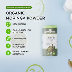 Organic Moringa Powder 8oz canister at a glance: rich in vitamins & minerals, USDA Organic, one single ingredient