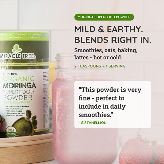 How to use Miracle Tree organic moringa powder: stir into smoothies, lattes, soups and baking