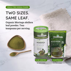 Size guide comparing the 16oz moringa powder pouch with the 8oz canister