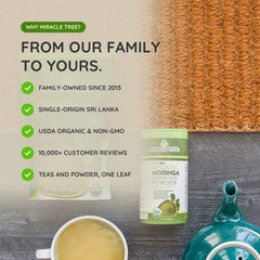 Certifications for Miracle Tree moringa powder: USDA Organic, non-GMO, vegan, gluten-free