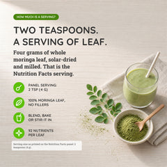 Organic moringa powder used as an everyday greens powder in a glass of water