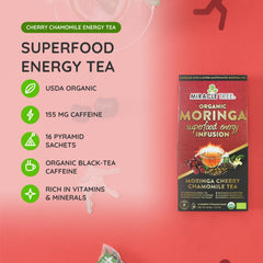 Organic Moringa Energy Tea - Cherry Chamomile - Natural Coffee Alternative - At a glance