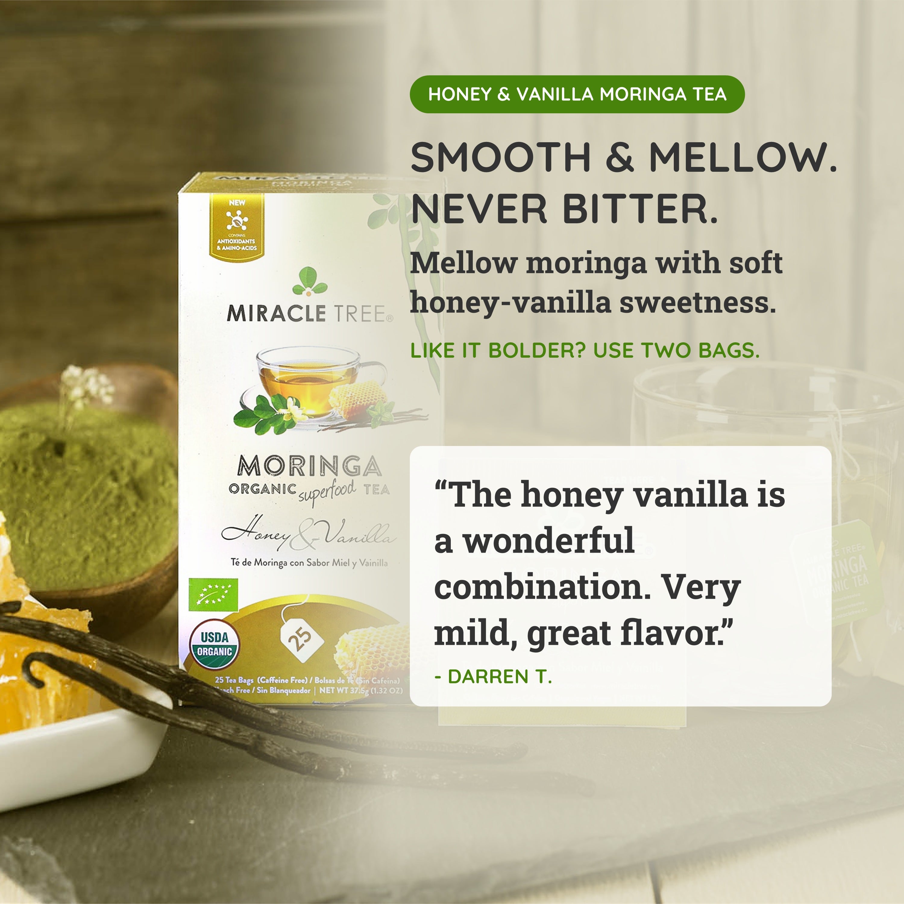 Honey Vanilla Moringa Tea, Caffeine-Free | Miracle Tree