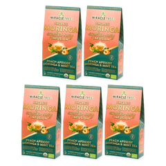 Thé Moringa Énergie Bio - Pêche-Menthe-Abricot - Alternative au Café - Lot de 5 (80 sachets) - Devant de la boîte