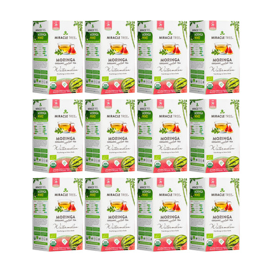 Té de Moringa Orgánico - Sandía - Sin Cafeína - Pack de 12 (300 bolsitas) - Frente de la caja