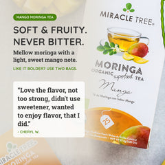 Mango moringa tea - soft and fruity, never bitter. Mellow moringa with a light, sweet mango note.