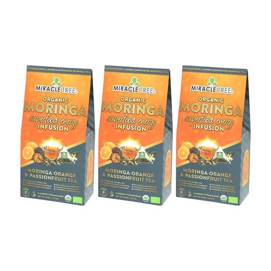 Té de Moringa Energético Orgánico - Naranja-Maracuyá - Alternativa al Café - Pack de 3 (48 bolsitas) - Frente de la caja