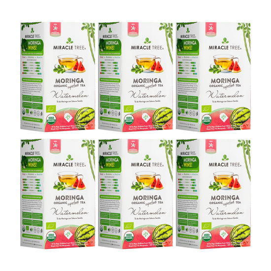 Té de Moringa Orgánico - Sandía - Sin Cafeína - Pack de 6 (150 bolsitas) - Frente de la caja