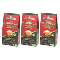 Thé Moringa Énergie Bio - Cerise-Camomille - Alternative au Café - Lot de 3 (48 sachets) - Devant de la boîte