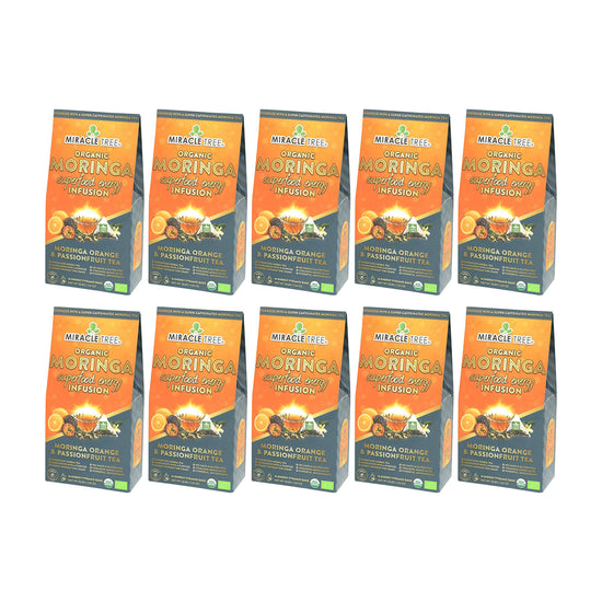 Té de Moringa Energético Orgánico - Naranja-Maracuyá - Alternativa al Café - Pack de 10 (160 bolsitas) - Frente de la caja