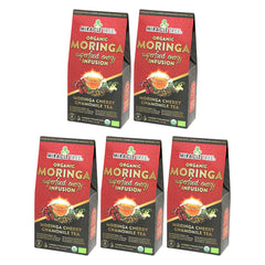 Thé Moringa Énergie Bio - Cerise-Camomille - Alternative au Café - Lot de 5 (80 sachets) - Devant de la boîte
