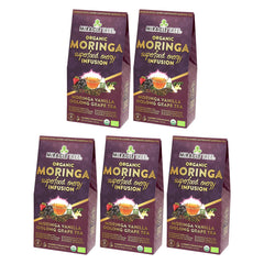 Thé Moringa Énergie Bio - Vanille-Oolong-Raisin - Alternative au Café - Lot de 5 (80 sachets) - Devant de la boîte