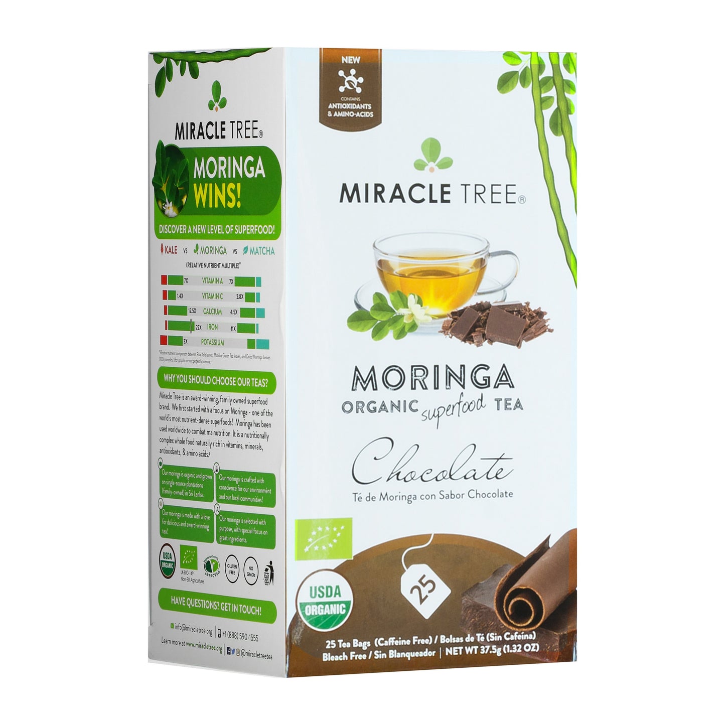 Organic Moringa Tea - Chocolate - Caffeine-Free Herbal Tea - Front of box