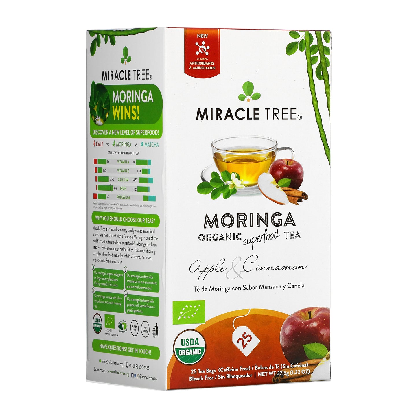 Organic Moringa Tea - Apple & Cinnamon - Caffeine-Free Herbal Tea - Front of box