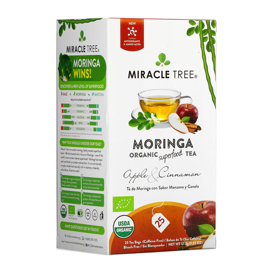 Organic Moringa Tea - Apple & Cinnamon - Caffeine-Free Herbal Tea - Front of box