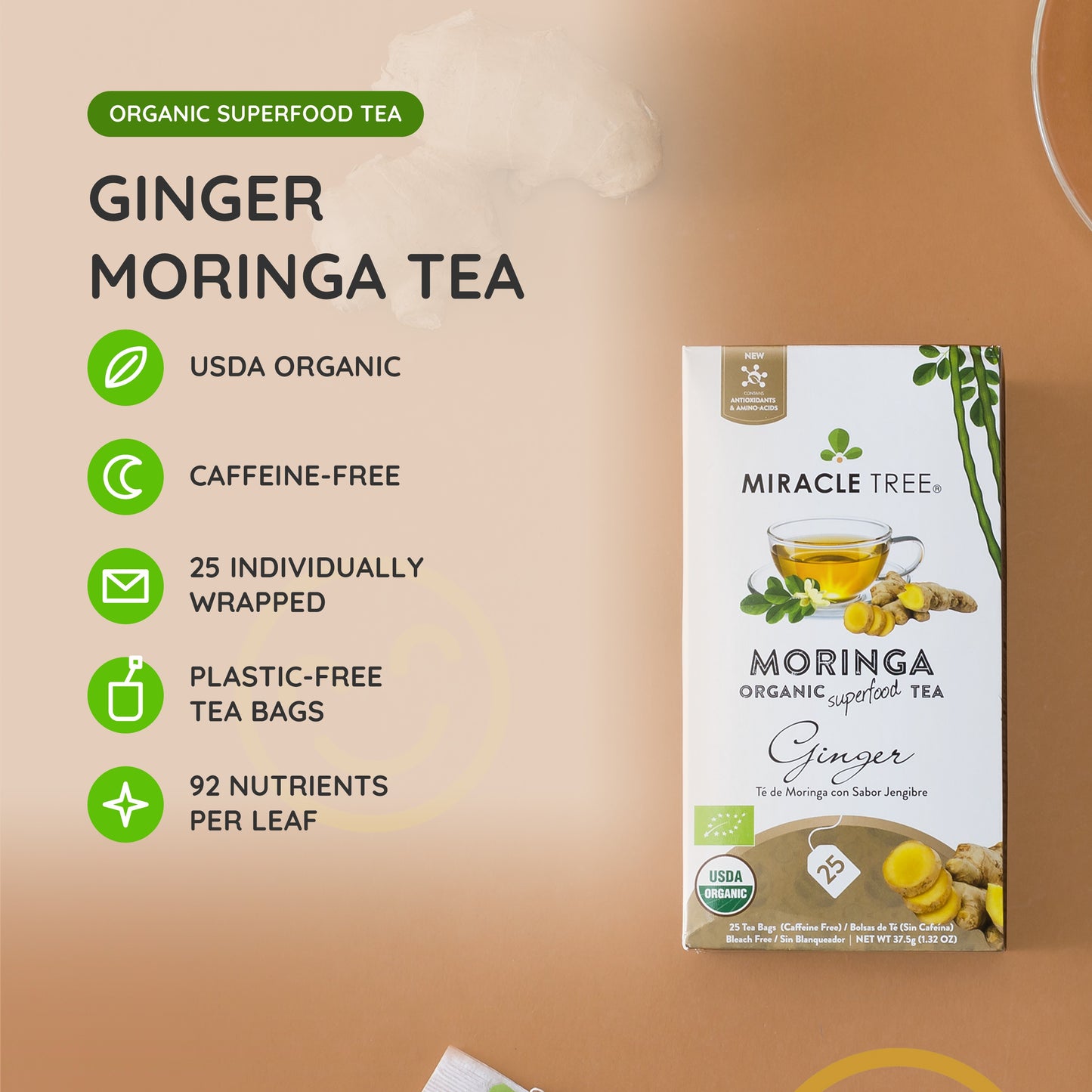 Organic Moringa Tea - Ginger - Caffeine-Free Herbal Tea - At a glance
