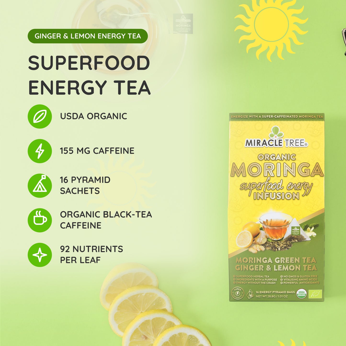Organic Moringa Energy Tea - Ginger Lemon - Natural Coffee Alternative - At a glance