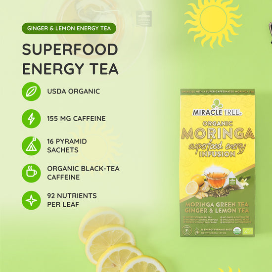 Organic Moringa Energy Tea - Ginger Lemon - Natural Coffee Alternative - At a glance