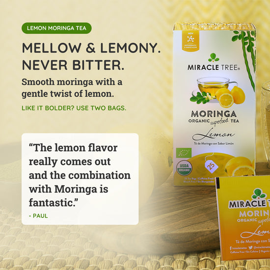 
                    
                      Lemon moringa tea - mellow and lemony, never bitter. Smooth moringa with a gentle twist of lemon.
                    
                  