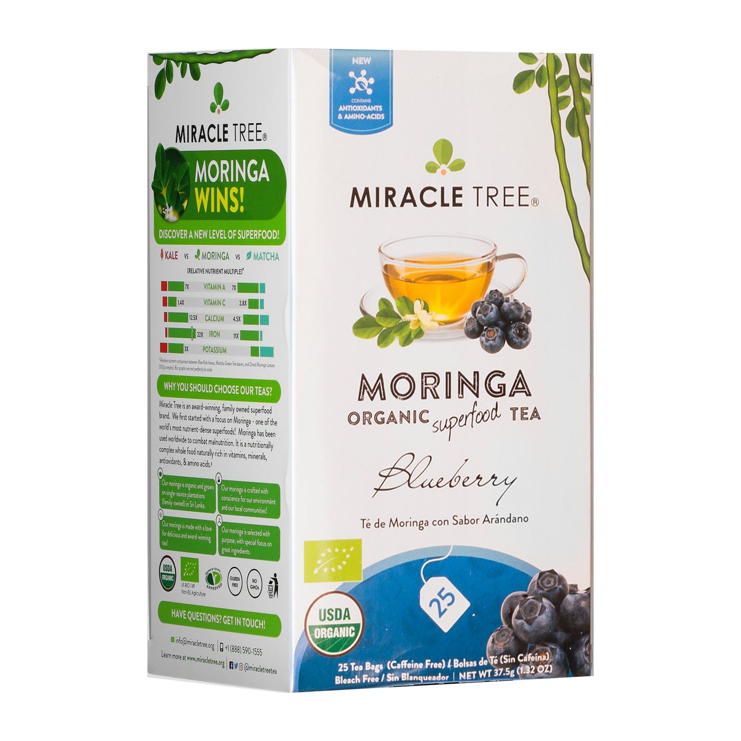 Organic Moringa Tea - Blueberry - Caffeine-Free Herbal Tea - Front of box