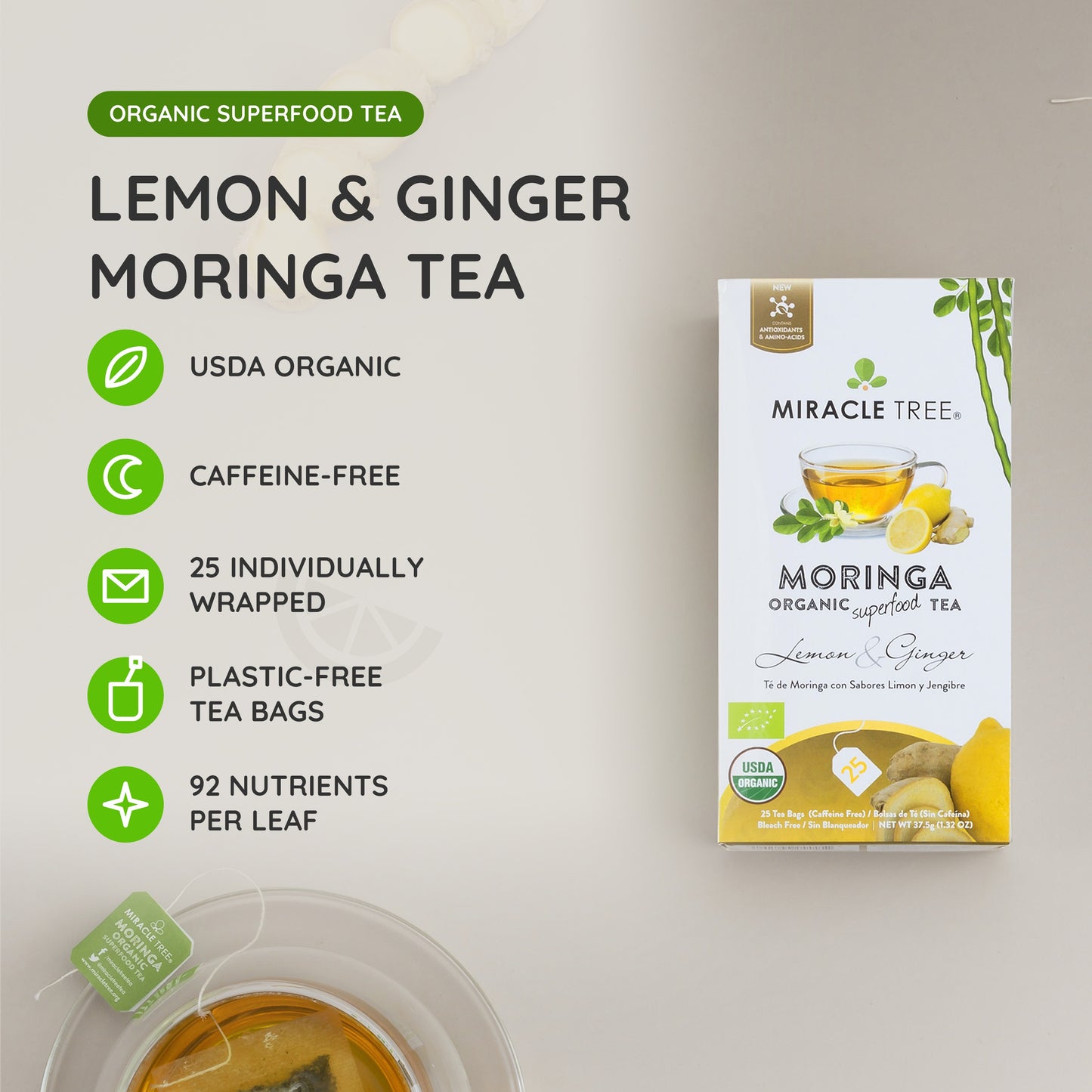 Organic Moringa Tea - Lemon & Ginger - Caffeine-Free Herbal Tea - At a glance