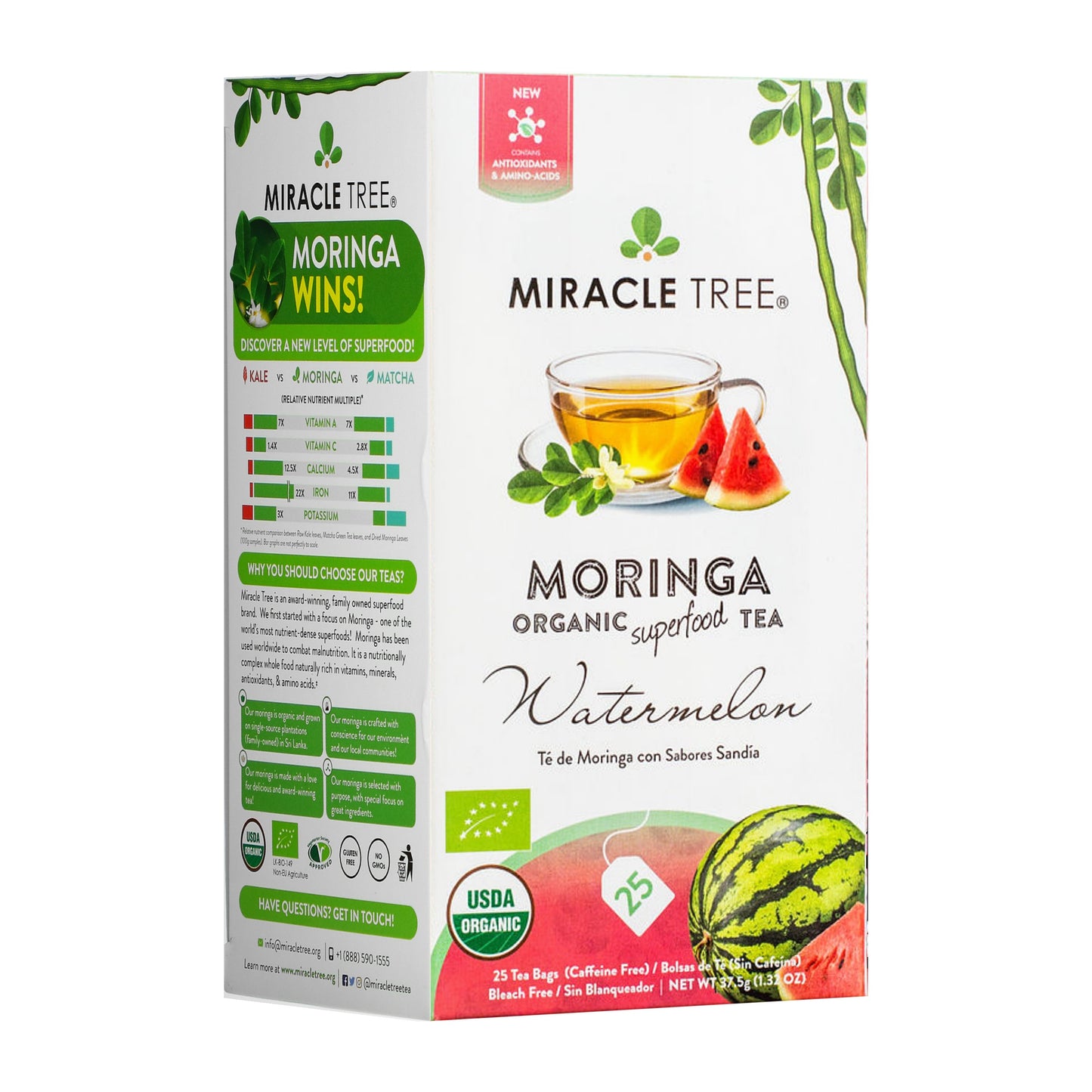 Organic Moringa Tea - Watermelon - Caffeine-Free Herbal Tea - Front of box