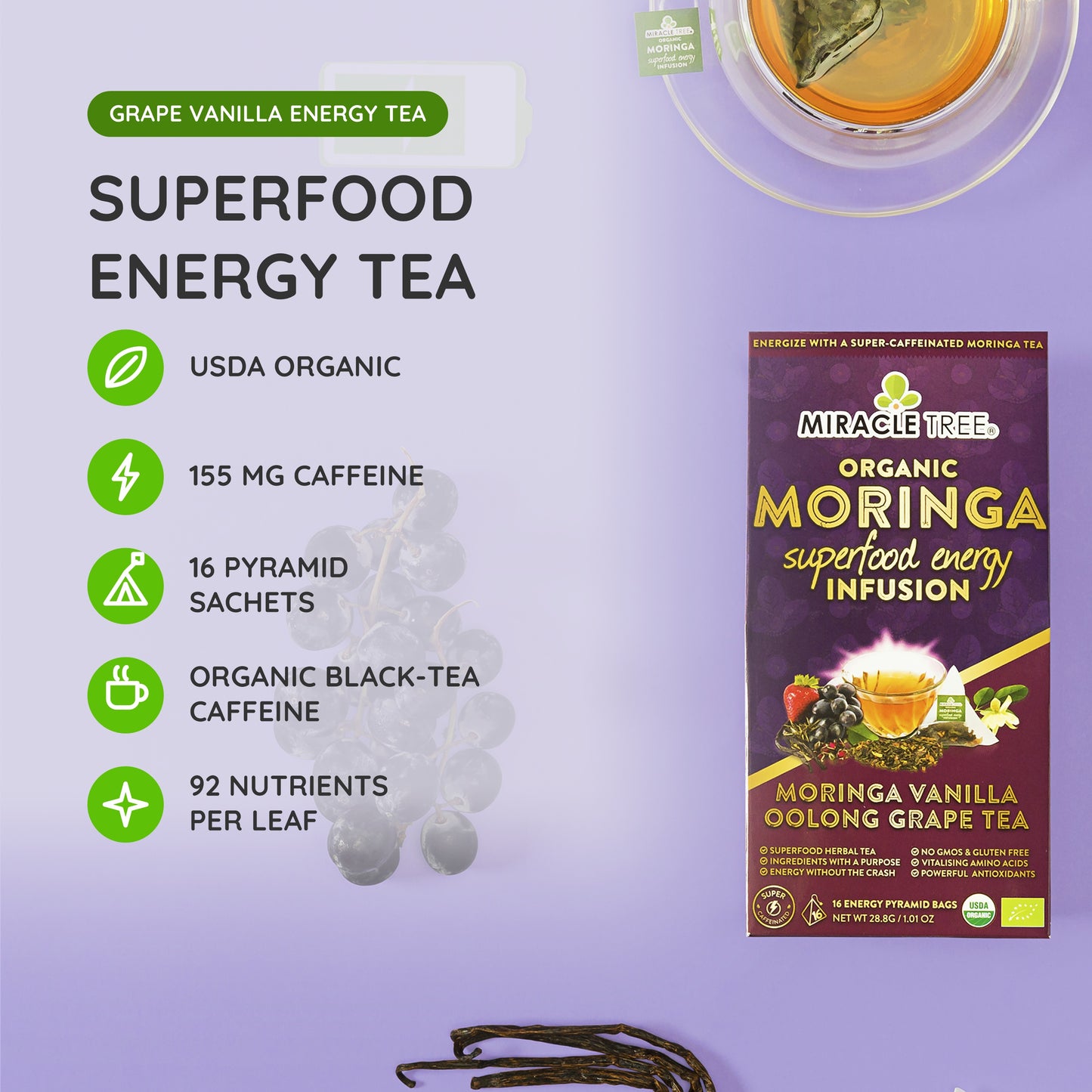 Organic Moringa Energy Tea - Grape Vanilla - Natural Coffee Alternative - At a glance