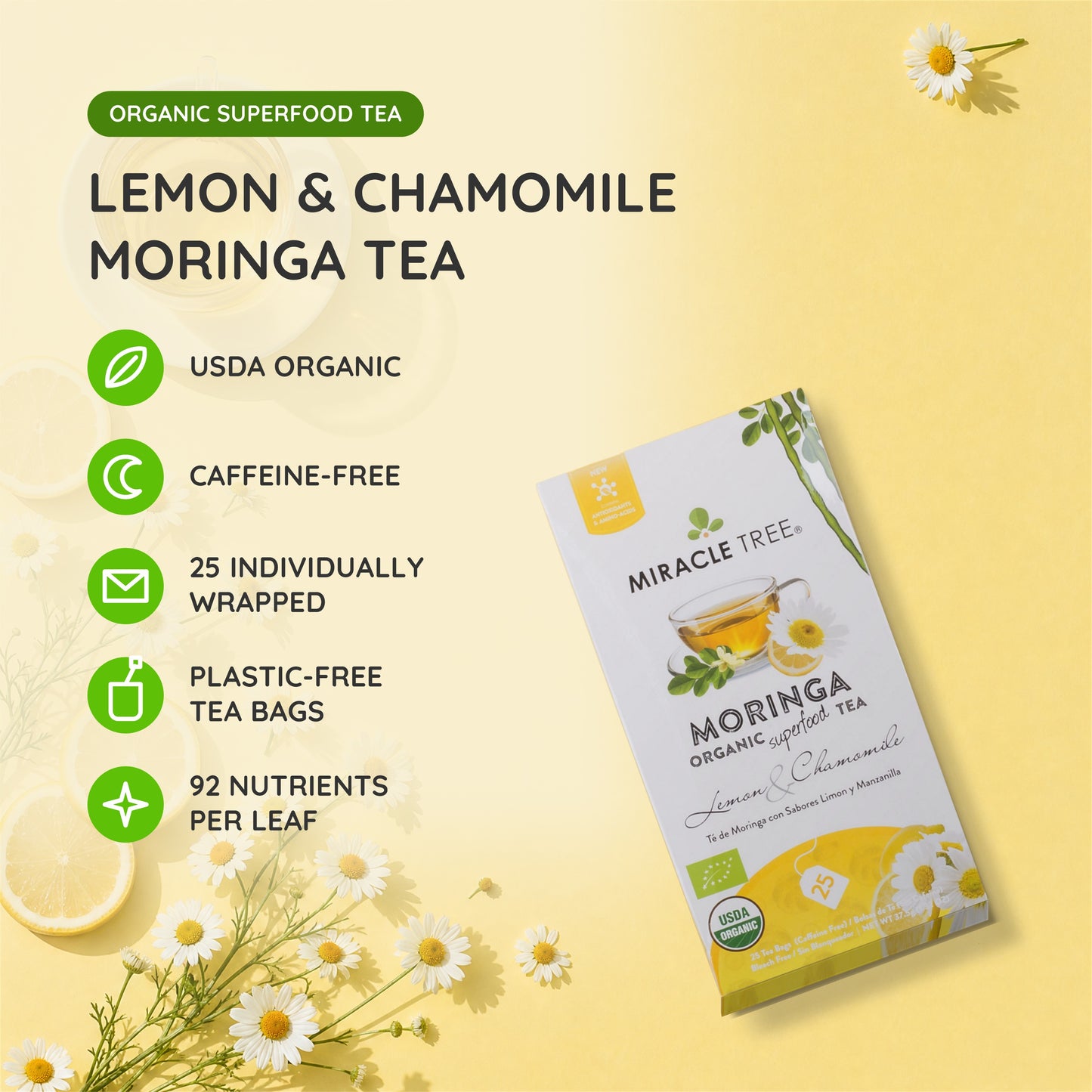 Organic Moringa Tea - Lemon & Chamomile - Caffeine-Free Herbal Tea - At a glance