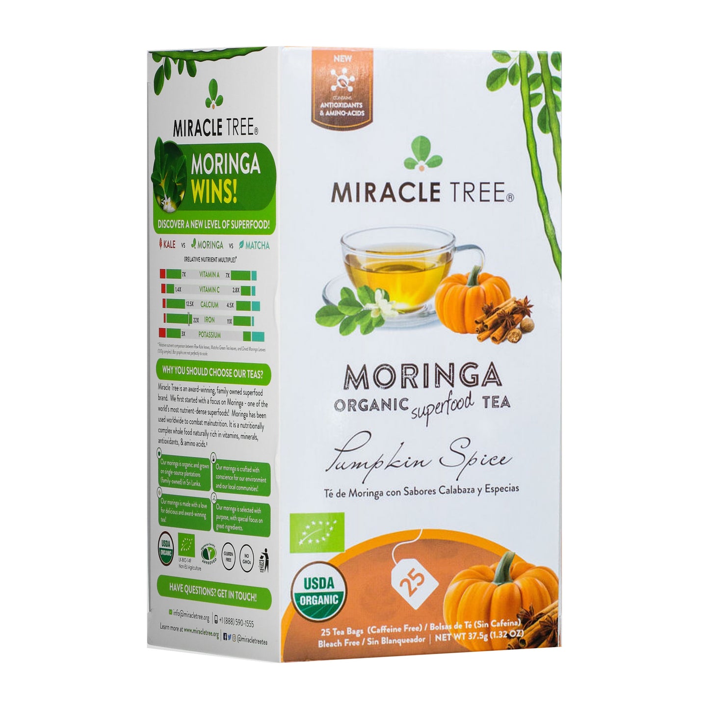 Organic Moringa Tea - Pumpkin Spice - Caffeine-Free Herbal Tea - Front of box