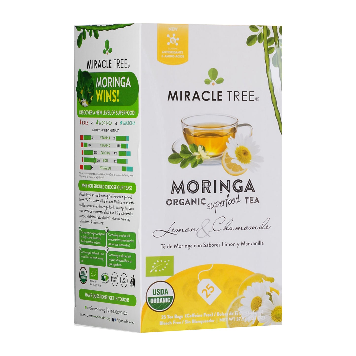 Organic Moringa Tea - Lemon & Chamomile - Caffeine-Free Herbal Tea - Front of box