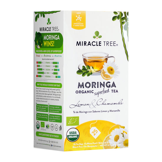 Organic Moringa Tea - Lemon & Chamomile - Caffeine-Free Herbal Tea - Front of box