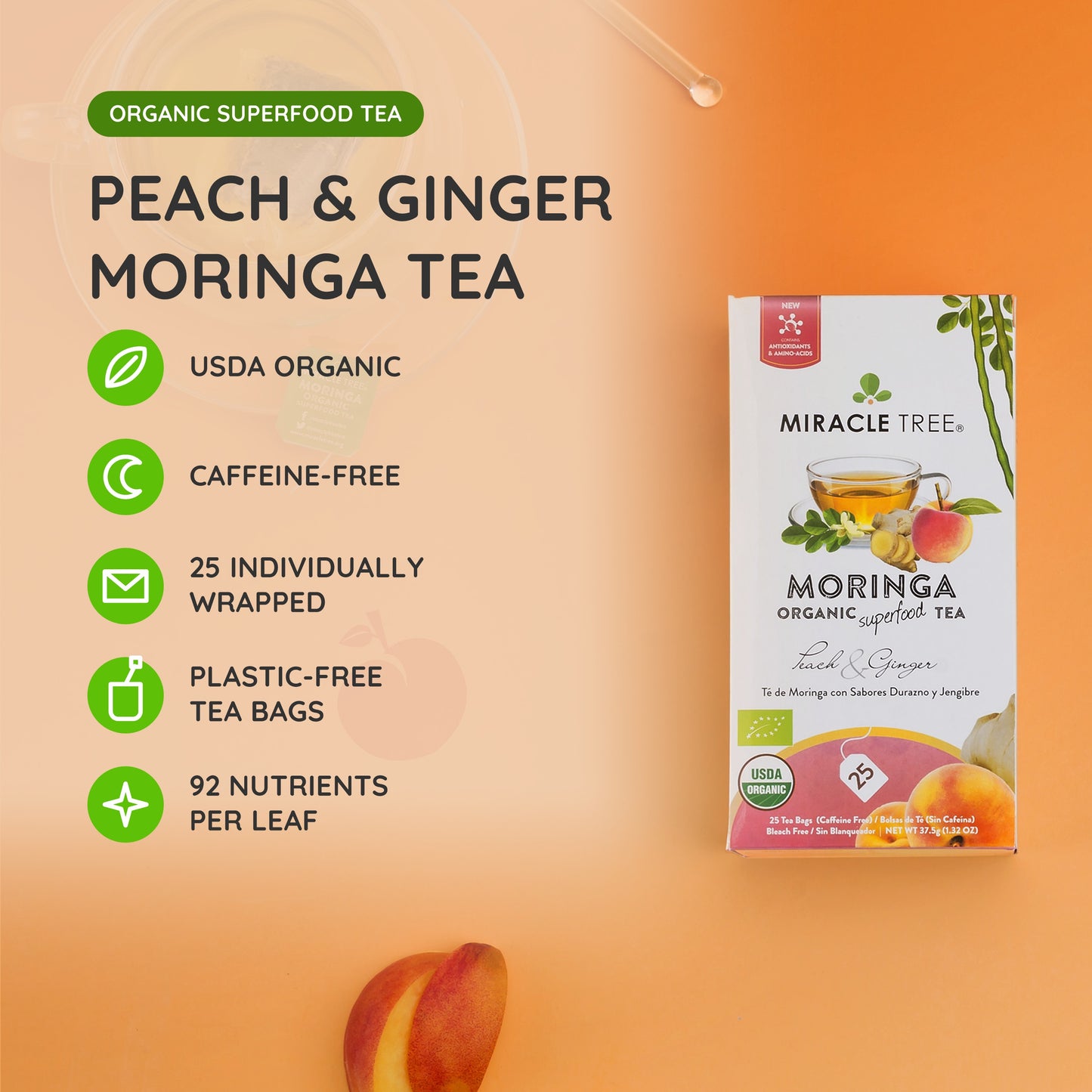 Organic Moringa Tea - Peach & Ginger - Caffeine-Free Herbal Tea - At a glance