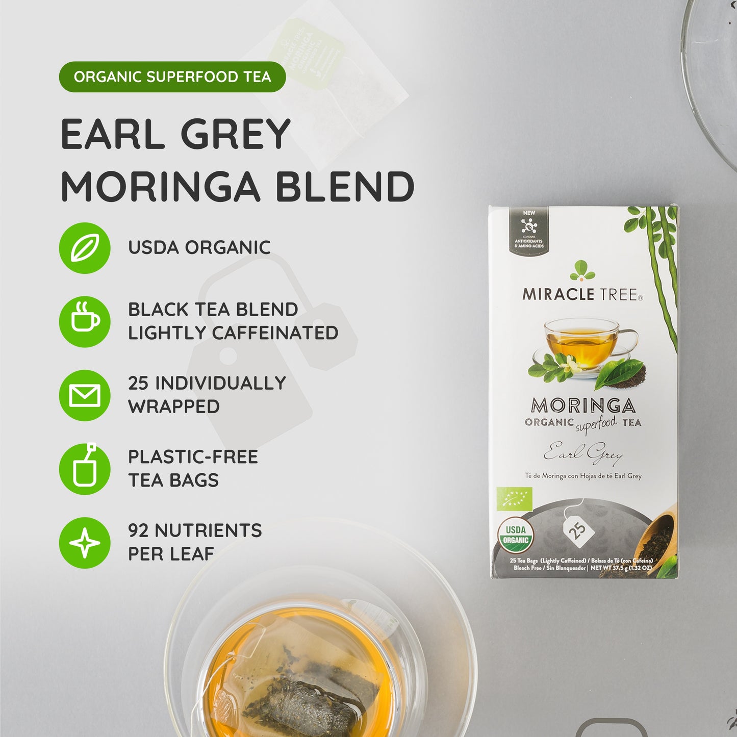 Organic Moringa Tea - Earl Grey - Lightly Caffeinated Herbal Tea - At a glance