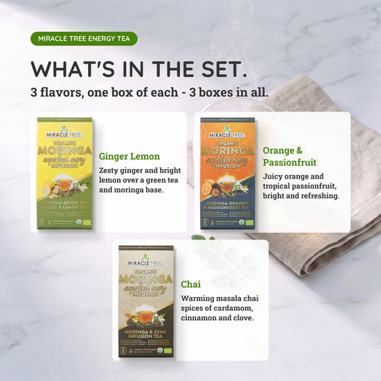 
                    
                      Organic Moringa Energy Tea Bundle - Oomph Set - 3 Flavors - What's in the set
                    
                  