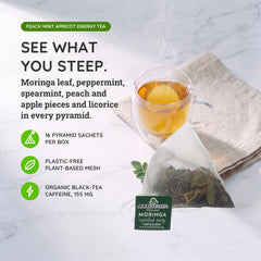 
                    
                      Thé Moringa Énergie Bio - Pêche-Menthe-Abricot - Alternative au Café - Dans la boîte
                    
                  