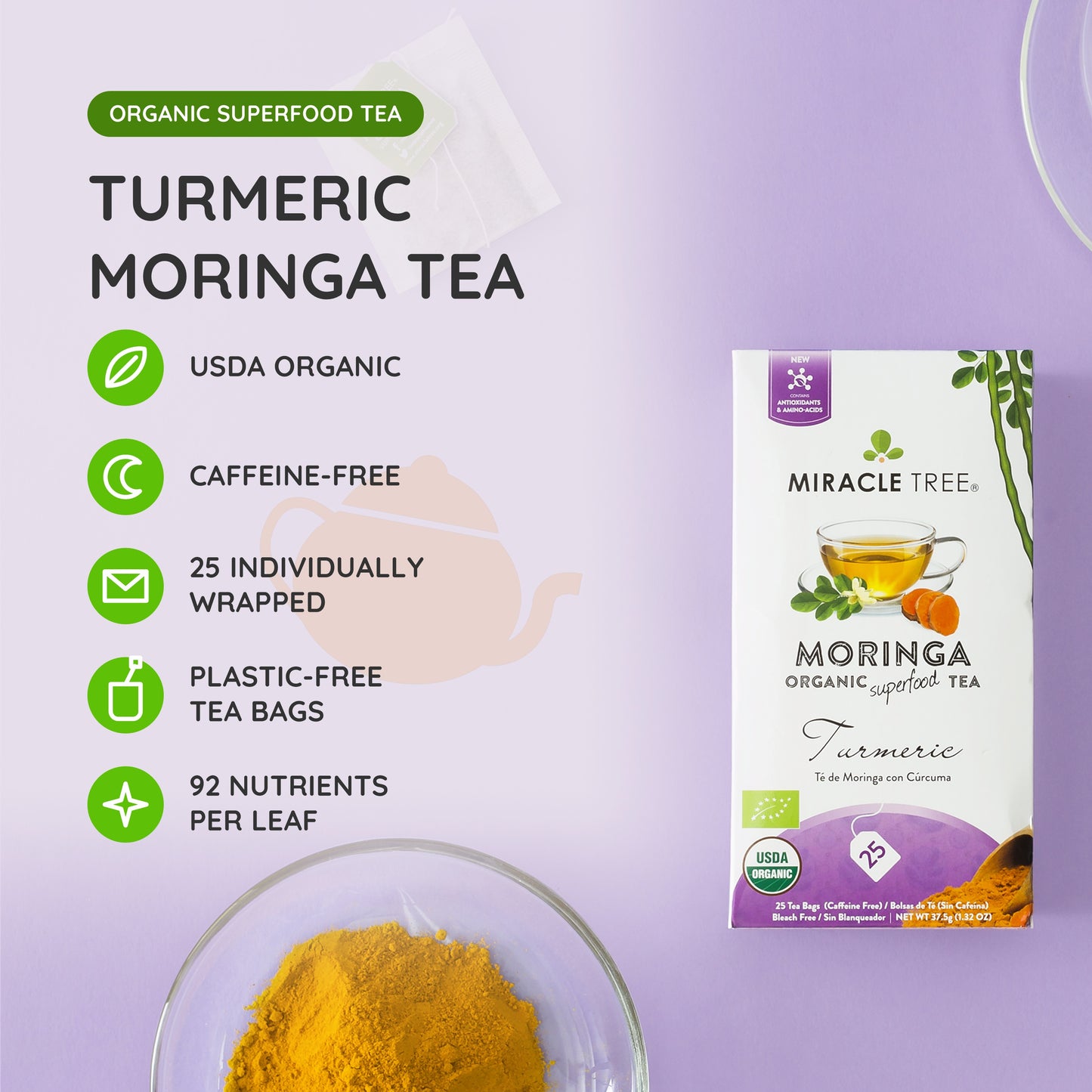 Organic Moringa Tea - Turmeric - Caffeine-Free Herbal Tea - At a glance
