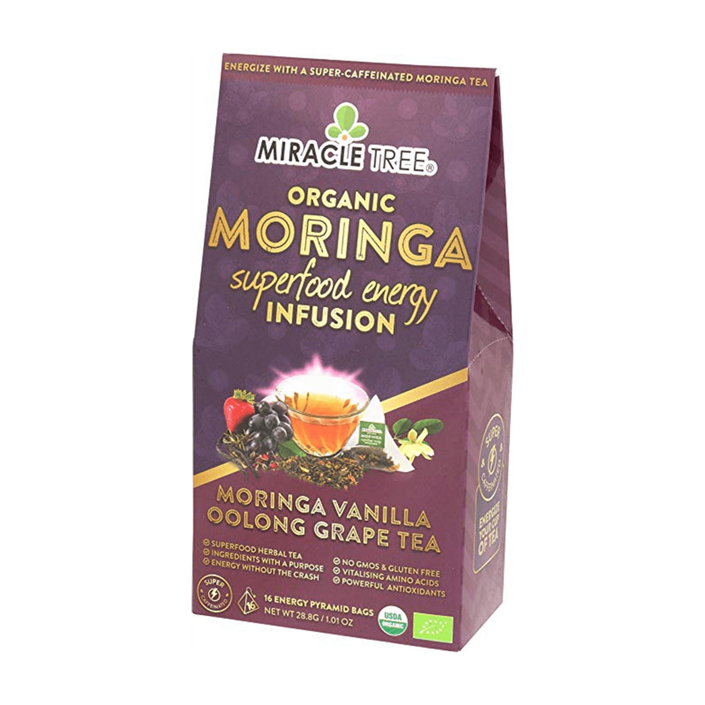 Organic Moringa Energy Tea - Grape Vanilla - Natural Coffee Alternative - Front of box