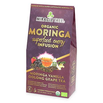 Organic Moringa Energy Tea - Vanilla Oolong Grape - Natural Coffee Alternative - Front of box