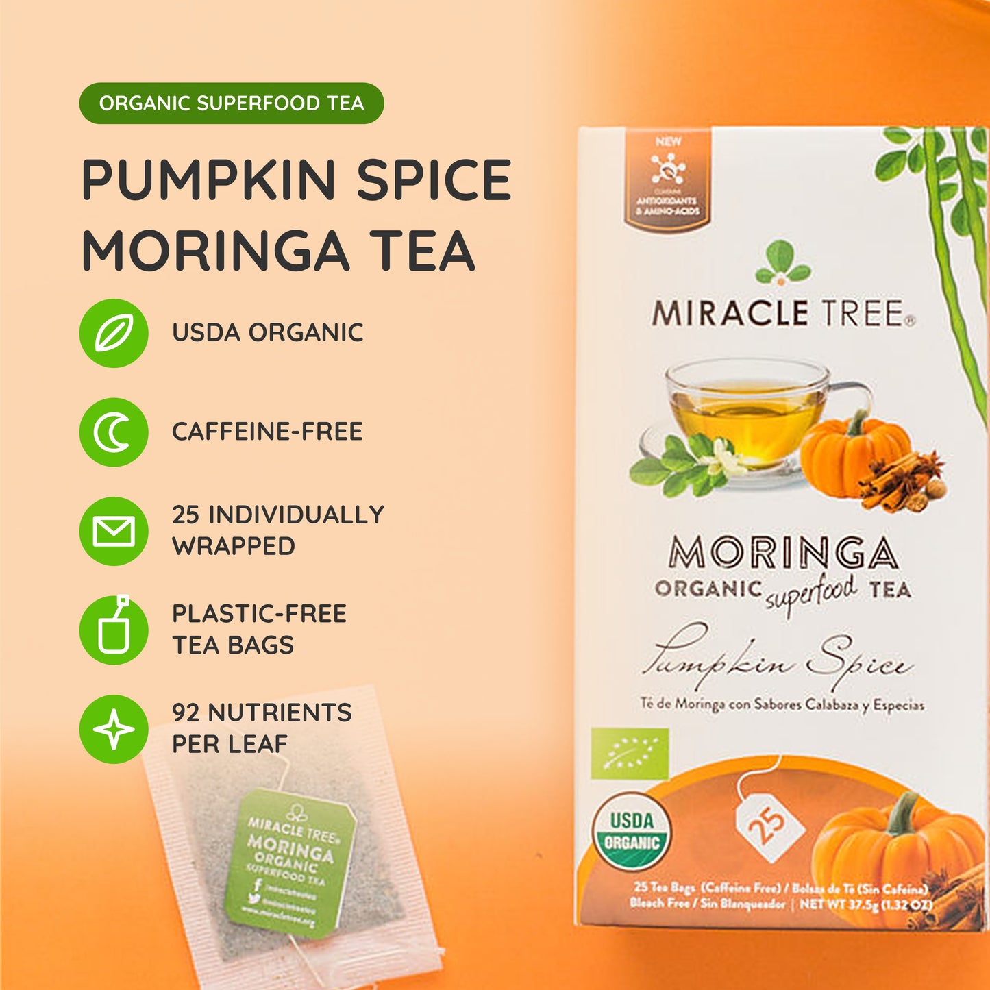 Organic Moringa Tea - Pumpkin Spice - Caffeine-Free Herbal Tea - At a glance