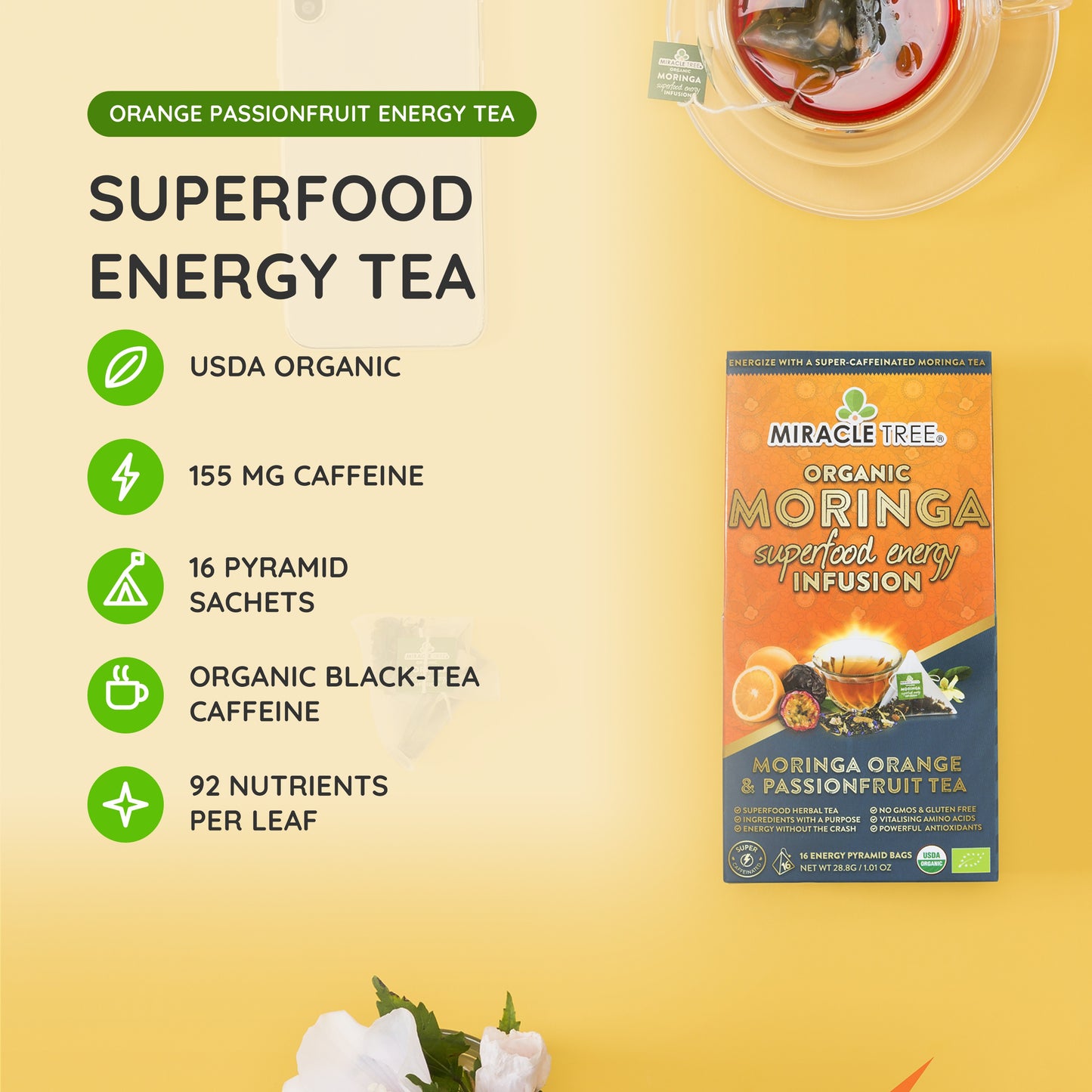 Organic Moringa Energy Tea - Orange Passionfruit - Natural Coffee Alternative - At a glance