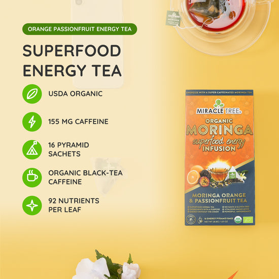 Organic Moringa Energy Tea - Orange Passionfruit - Natural Coffee Alternative - At a glance