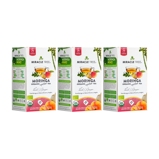 
                    
                      Chá de Moringa Orgânico - Pêssego e Gengibre - Chá de Ervas sem Cafeína - Kit com 3 (75 sachês de chá) - Frente da caixa
                    
                  