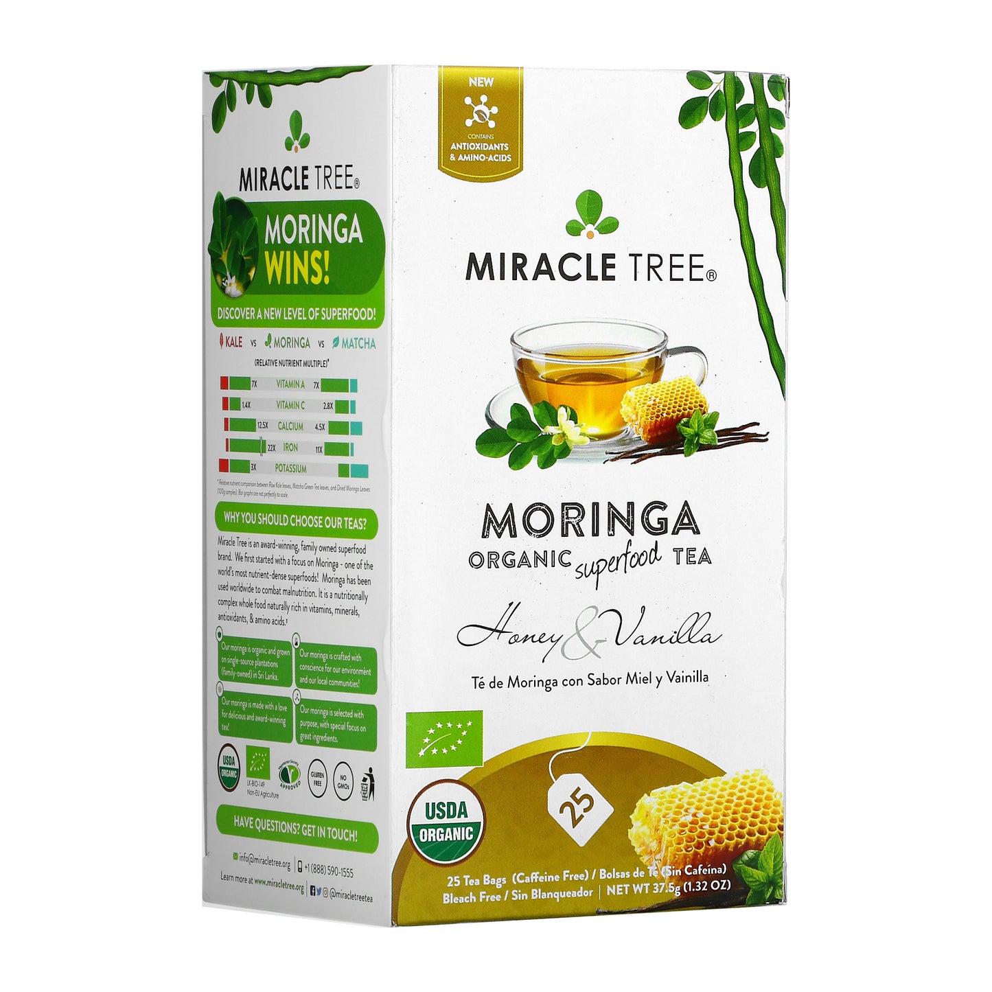 Organic Moringa Tea - Honey & Vanilla - Caffeine-Free Herbal Tea - Front of box